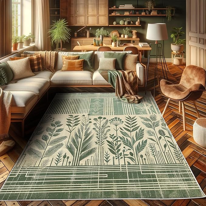 Ambesonne Leafy Design Decorative Rug, Boho Silhouettes of Jungle Leaves Grungy Stripes on Creamy Back, Quality Carpet for Bedroom Dorm and Living Room, 2' 2" x 3' 7", Laurel Green Champagne