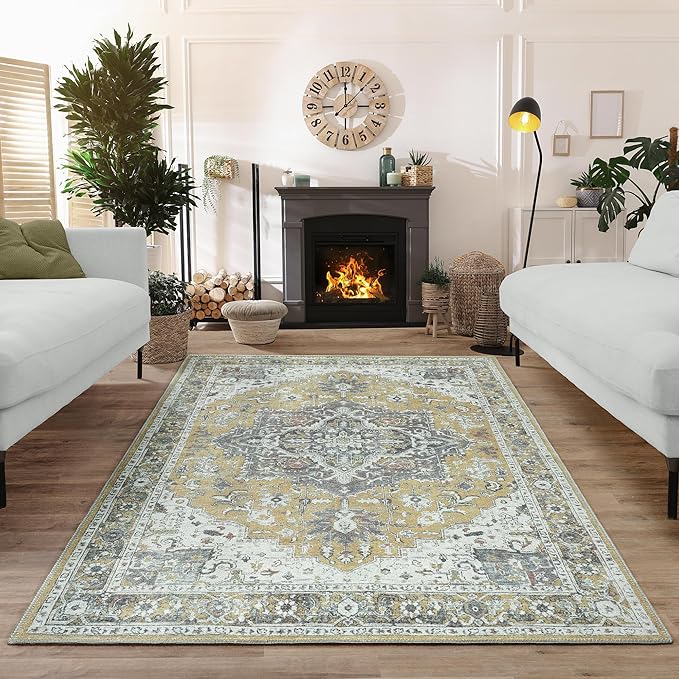 Bloom Rugs Washable Non-Slip 9' x 12' Rug - Yellow Traditional Medallion Area Rug for Living Room, Bedroom, Dining Room, and Kitchen - Exact Size: 9' x 12'
