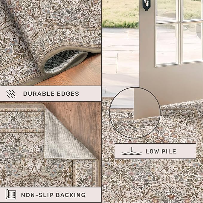 5x7 Washable Moss Green Oriental Area Rug for Living Room - Dining Room Rugs for Under Table, Home Office, Low Pile Non-Slip Floor Carpet for Bedroom - Vintage Brown Design & Stain Resistance