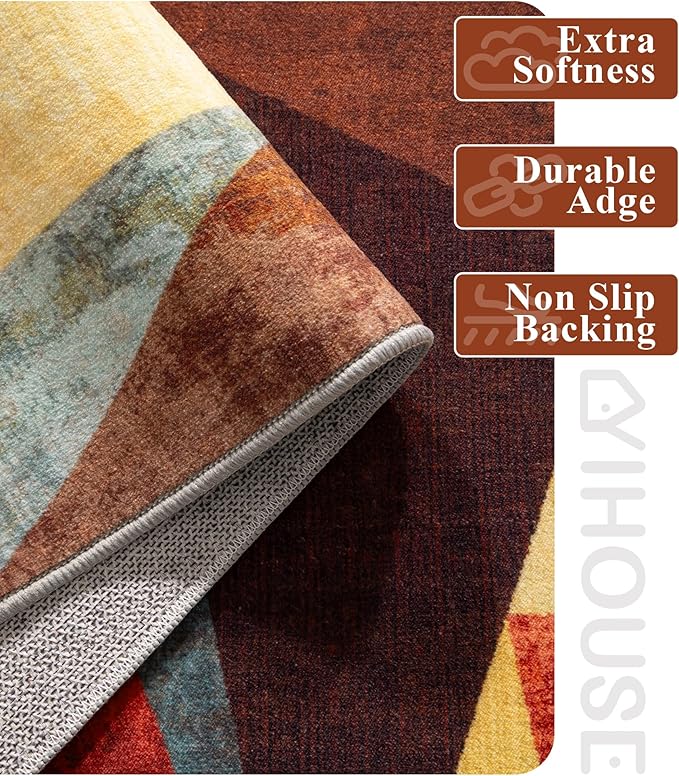 YIHOUSE Brown Runner Rug 2x6 for Hallway,Geometric Burnt Orange Area Rug Non Slip,Farmhouse Rugs Washable,Vintage Burgundy Carpets, Boho Rug for Kitchen