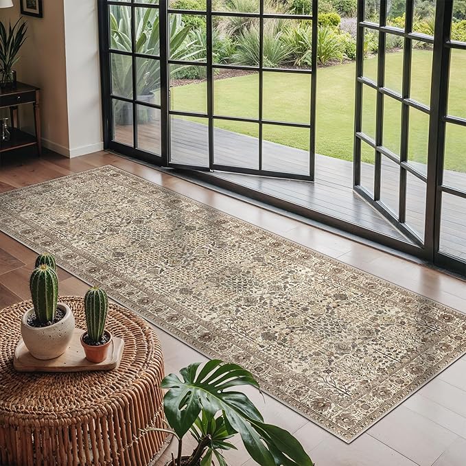 Bavni 2x6 Rug Runners for Hallways, Washable Runner Rug Non Slip,Vintage Floral Print Style Rugs for Bedroom-Lightweight Low Pile Carpet for Hallways Bathroom, Dark Espresso