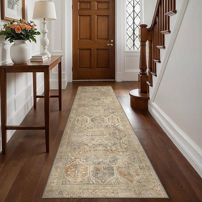 Bavni Runner Rug 2x10 Kitchen Rugs for Hallways Entryway, Washable Vintage Print Carpet, Ultra-Thin Chenille Low Pile Lightweight Rug with Non Slip Backing, Wood