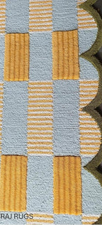 Handmade Woven Area Rug 5 x 8 ft with Scalloped Border, Cream and Mustard Checkered Pattern, Soft Decorative Rug for Living Room, Bedroom, Nursery