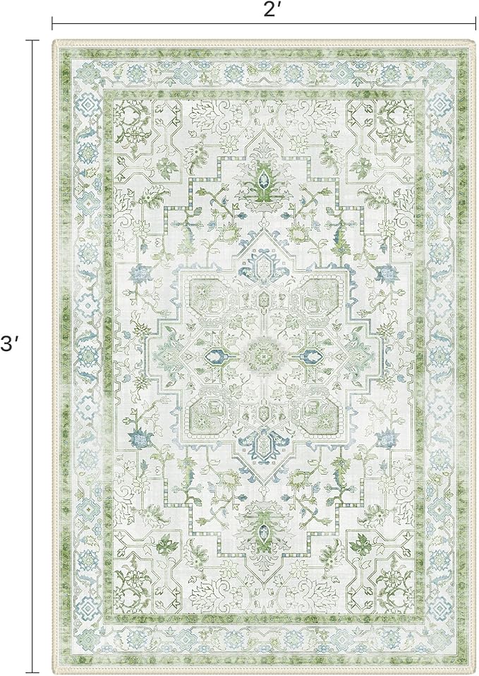 Area Rug 2x3 Doormat, Machine Washable Low Pile Vintage Rugs, Small Lightweight Rug Entryway Indoor Mat for Entrance, Hallway, Kitchen and Corridor, Cream Green