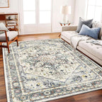 Area Rug 5'x7' Cyan Khaki Washable Vintage Traditional Floor Cover Thin Retro Kitchen Indoor Distressed Non Slip Carpet for Living Room Bedroom Dining Room