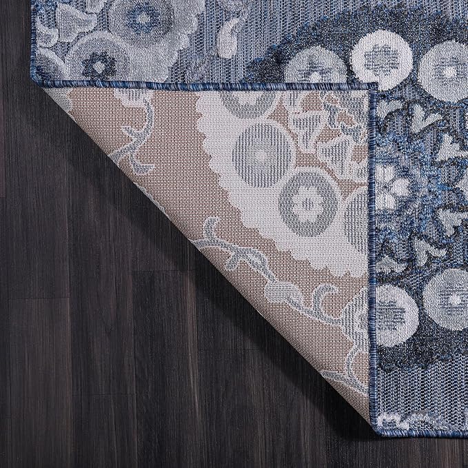 CAMILSON Indoor Outdoor Rug 8x10 Bohemian Medallion Floral Area Rugs for Indoor and Outdoor Patios Easy-Cleaning Non-Shedding Living Room Garden and Kitchen Washable Outside Carpet (8 x 10 / Navy)