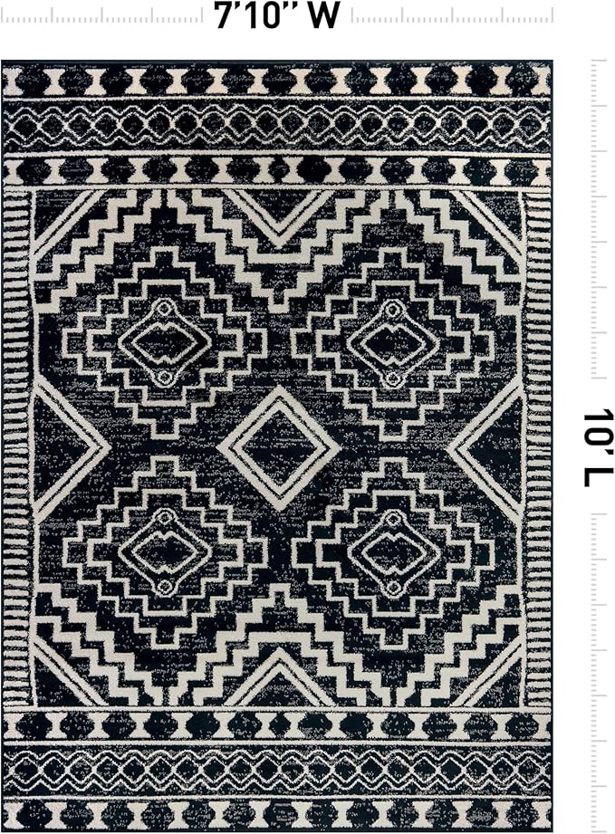 Rugshop Southwestern Black and White Tribal Area Rug – Geometric Diamond Pattern Carpet for Living Room, Bedroom, or Entryway – Boho Rustic Soft Floor Decor 7' 10" x 10' Black