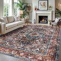 KOZYFLY Boho Area Rug 8x10 Ft Thin Rugs for Living Room Washable Bedroom Rug Non Slip Rugs Printed Faux Wool Vintage Bedroom Rug Floor Carpet for Dining Room Living Room, Brick Red/Orange/Green
