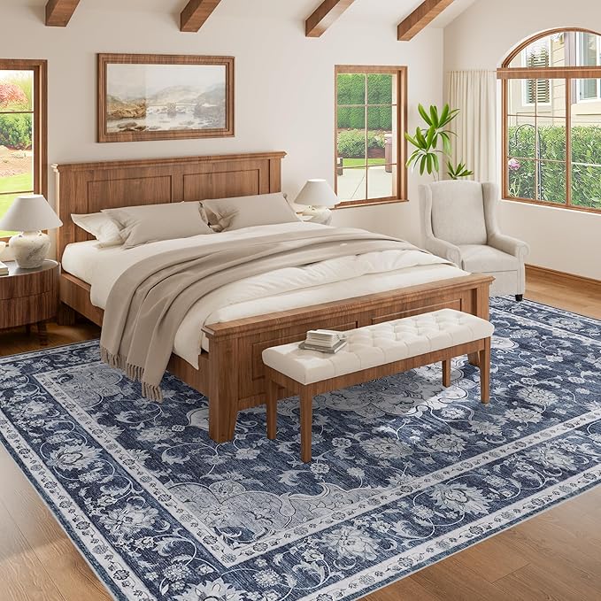 DUKINO 9x12 Area Rugs, Non Slip Distressed Living Room Rugs, Soft Large Washable Area Rugs with Low Pile & No Shedding, Faux Wool Rugs for Bedroom Aesthetic, Dining Room, Blue