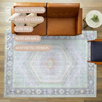 Fame Living Washable Area Rug. Modern Farmhouse. Vintage. Turkish. Bohemian. Distressed. Oriental. Traditional. Rugs for Living Room. Dining. Bedroom. Office. Entryway. Foyer. (856GrnCrm, 5'9" x 8'9")