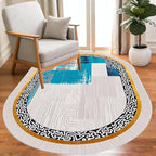 Vintage Luxury Grey Blue Gold Abstract Geometric Texture Oval Area Rug 5x7 for Living Room Bedroom Dining Room Minimalist Bordered Large Rugs Nursery Dorm Kitchen Entryway Soft Non Skid Floor Carpet