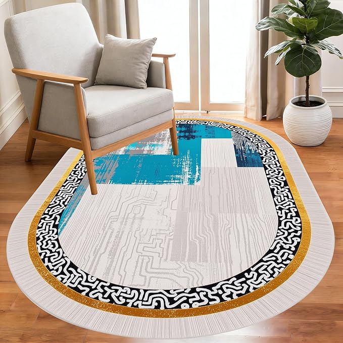Vintage Luxury Grey Blue Gold Abstract Geometric Texture Oval Area Rug 6x8 for Living Room Bedroom Dining Room Minimalist Bordered Large Rugs Nursery Dorm Kitchen Entryway Soft Non Skid Floor Carpet