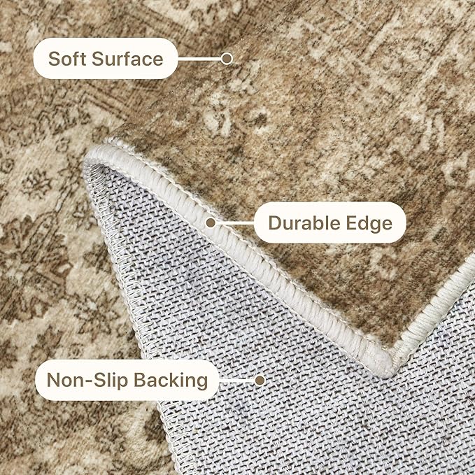 Bavni 2x10 Runner Rug Non Slip, Machine Washable Rug Runners for Hallways, Vintage Distressed Print Kitchen Runner, Low Pile Lightweight Carpet for Entryway Laundry Bedroom Bathroom Nut Brown
