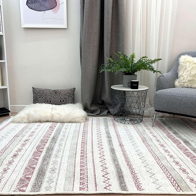 Alfa Rich 4x6 Mauve Off White Washable Area Rugs for Living Room Bedroom Kitchen Decor Cotton Rug