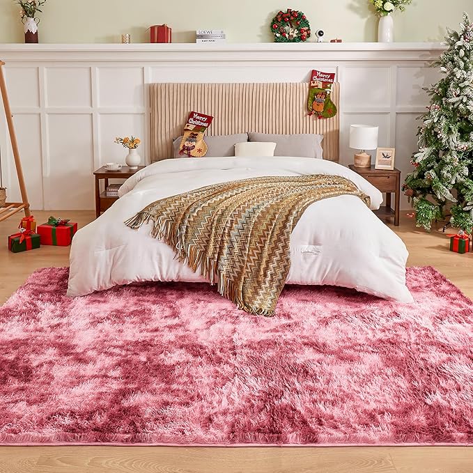 Andency 6x9 Area Rugs, Large Shag Fluffy Soft Shaggy Rugs for Living Room Bedroom, Non-Slip Tie-Dyed Dark Red Thick Plush Carpet for Kids Girls and Boys, Dorm Nursery Home Decor Aesthetic