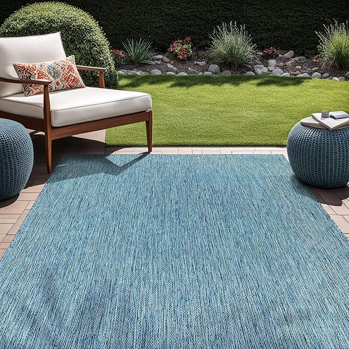 Beverly Rug Indoor Outdoor Rug 9x12, Washable Outside Carpet for Patio, Deck, Porch, Solid Modern Area Rug, Water Resistant, Aqua Blue