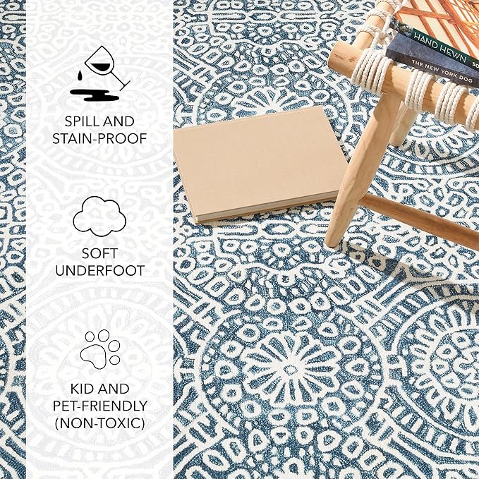 Dash and Albert Temple Ink Machine Washable Area Rug - 4' x 6' Blue - Geometric Accent Rug - Anti-Slip Backing, Lightweight, Machine Washable, High Traffic Areas Kitchen, Mudroom, Laundry Room