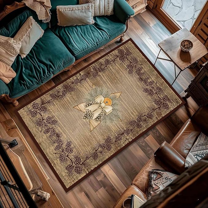 Vintage Pine Cone Area Rug 5x6ft Rustic Lodge Wooded Pine Cone Area Rug Wood Grain Star Leaf Distressed Indoor Non-Slip Washable Carpet for Dormitory Study Room Fireplace Office