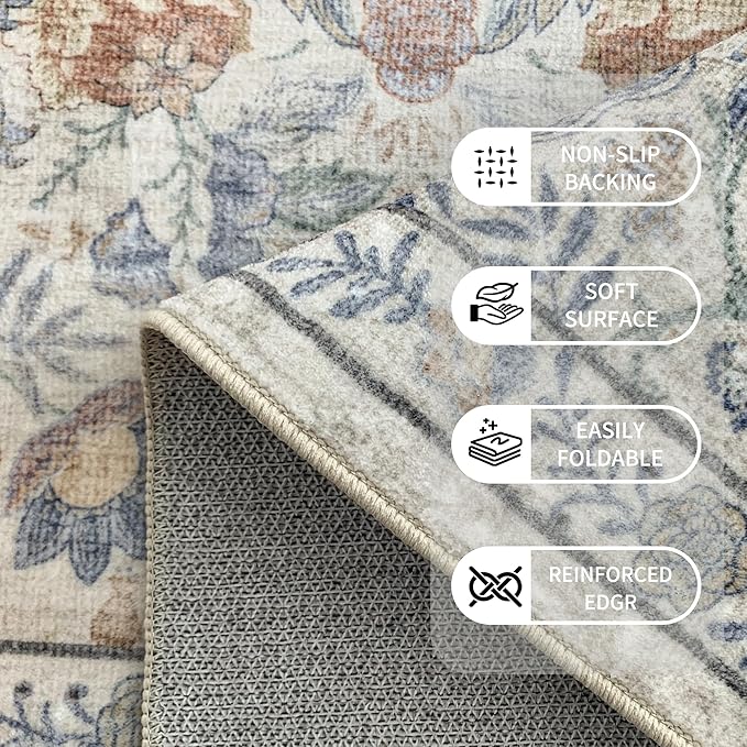 Washable Living Room Rug: 8x10 Boho Floral Soft Area Rug for Bedroom Decor - Vintage Low Pile Thin Carpet for Dining Room Non-Slip - Farmhouse Stain Resistant Rugs - Beige Blue