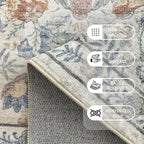 Washable Living Room Rug: 5x7 Boho Floral Soft Area Rug for Bedroom Decor - Vintage Low Pile Thin Carpet for Dining Room Non-Slip - Farmhouse Stain Resistant Rugs - Beige Blue