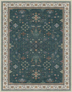 Vintage Dark Green 7x9 Dining Room Rugs for Under Kitchen Table - Washable Livinig Room Rug - Unique Floral Pastel Low Pile Non-Slip Area Rugs for Bedroom
