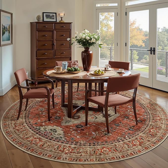 Tangsoo Round Area Rug 6ft,Washable Circle Rug, Vintage Non Slip Boho Round Rug,Low Pile Circular Rugs,Large Round Rugs Carpet for Livingroom,Bedroom,Nursery,Dorm,Office,Terracotta