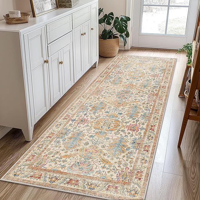 Bavni Runner Rug, Machine Washable Rugs for Bedroom 2x5, Non Slip Boho Rugs with Rubber Backing, Ultra-Thin Folable Rug Runner for Hallways Bathroom, Turmeric