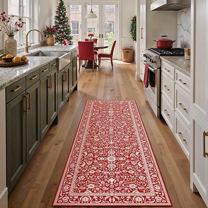 HUGEAR Christmas 2x6 Runner Rug Machine Washable Red Hallway Area Rugs Indoor Accent Rugs Floral Low Pile Carpet Distressed Throw Rug Bedroom Living Room Office Dining Kitchen Laundry Non Slip