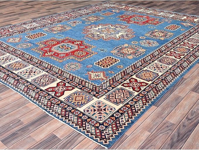 Cerulean Blue Special Kazak with All Over Pattern Natural Dyes Pure Wool Hand Knotted Oriental Densely Woven Rug(9'x11'8")