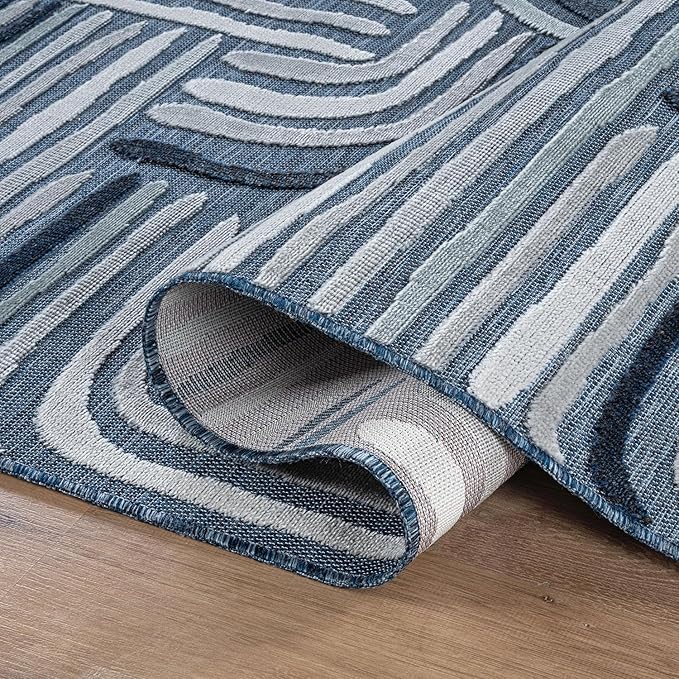 CAMILSON Indoor Outdoor Rug, Navy Blue 8x10 Geometric Arch Striped Area Rugs for Patio and Home Areas, Easy-Cleaning Non-Shedding Living Room, Garden and Deck Washable Outside Carpet (8 x 10)