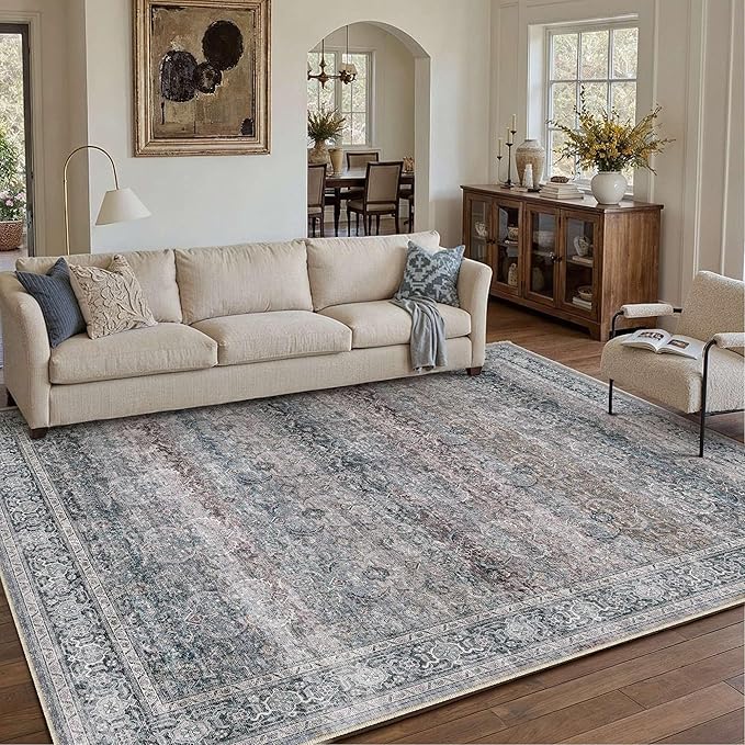 HUGEAR 6x9 Washable Area Rug Purple Vintage Neutral Distressed Carpet Living Room Bedroom Rug Soft Non Slip Low Pile Pet Friendly