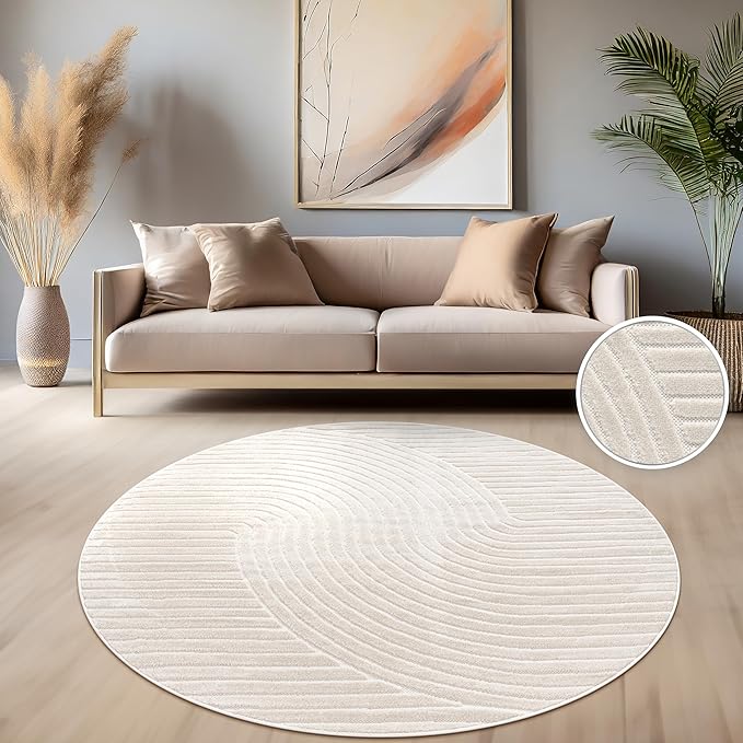 Paco Home Modern Area Rug with Raised Curved Line Pattern – Minimalist Design in Cream, Size: 6'7" Round
