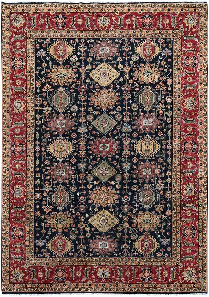 Carbon Black with Turkey Red Karjihooz Design with All Over Pattern Vegetable Dyes Pure Wool Soft Pile Hand Knotted Oriental Rug (9'x12')