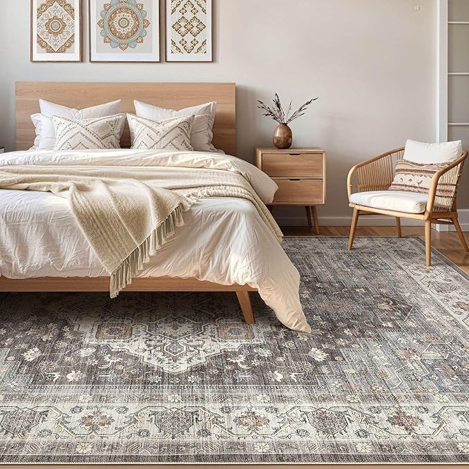 8x10 Area Rugs Living Room: Washable Boho Large Neutral Vintage Soft Rug Stain Resistant Farmhouse Non-Slip Indoor Floor Carpet for Bedroom Nursery Kids Office Dining Room Playroom- Grey Brown