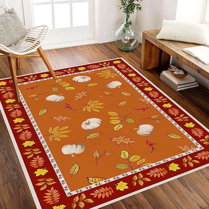 Fallen Leaves Carpet for Kitchen, 5x7ft, Autumn Pumpkins with Leave Orange Area Rug, Indoor Ultra-Thin Foldable Machine Washable Fun Pumpkin Bath Mat for Home Office Relax Room