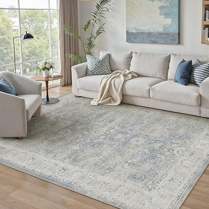 8x10 Blue Washable Area Rug for Living Room Bedroom Neutral Soft Non Slip Rug Low Pile Vintage Distressed Carpet for Dining Room Nursery Office Indoor