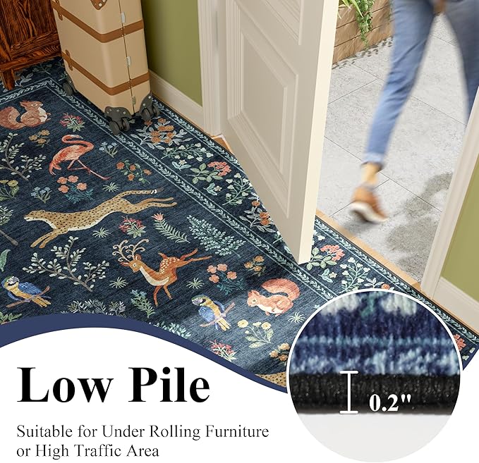 DUKINO 2x6 Rug for Hallway, Washable Kitchen Runner Rug with Non Slip Backing, Soft Low Pile Vintage Animal Runner for Bedroom, Kitchen, Hallway, Entryway, Laundry, Navy Blue