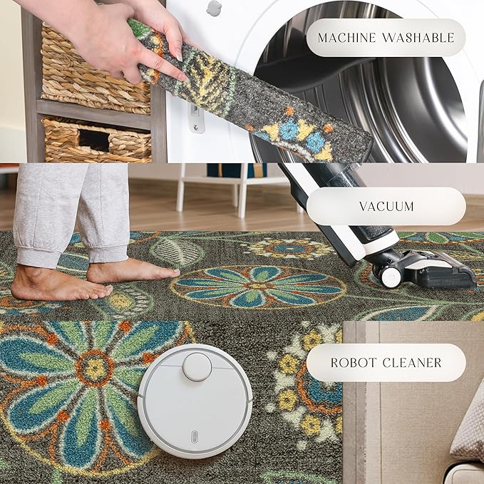 Maples Rugs Reggie Floral Runner Rug - Made in USA - Washable, Non Slip Indoor Carpet for Kitchen, Hallway, and Laundry Room, 1'8 x 5, Dark Grey
