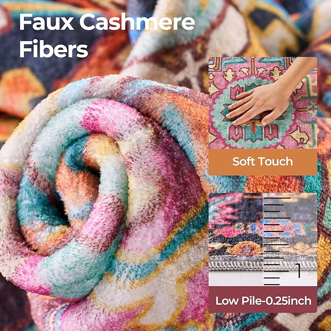 Kokia 8x10 Washable Black and Pink Area Rugs with Vintage Orient Design Soft Rug for Living Room or Bedroom Non-Slip Low Pile Stain Resistance Features Distressed Medallion Pattern