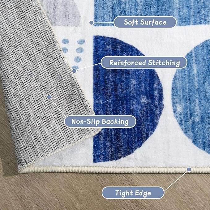 MUJOO Blue Rug Boho Washable,4x6.5 Area Rugs for Bedroom Entryway Living Room Bedside,Small Throw Floor Carpet Non Slip Soft Indoor Modern Abstract Navy Blue