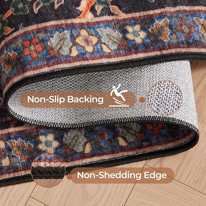 Kokia Boho Vintage Floral Area Rugs, Washable Oriental Botanical Rugs for Living Room, Bedroom, Dining Room, Office, Large Soft Indoor Area Rug, Wild Black，9x12