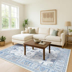 Fame Living Cream Blue Oushak Rug, Modern, Vintage, Turkish, Eclectic, Floral, Pastel, Washable, Area Rugs for Living Room, Dining, Bedroom, Office, Entryway, Foyer, Playroom, Nursery, 5'x6'9"