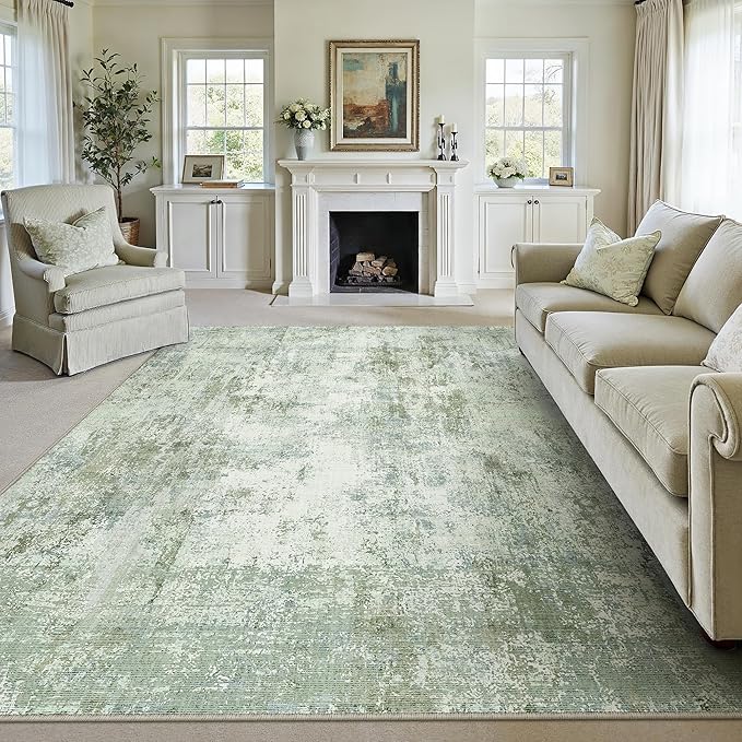 12x15 Washable Area Rug Sage Green Abstract Living Room Bedroom Carpet Neutral Modern Non-Slip Soft Low Pile Lightweight Vacuumable Large Throw Rug for Dining Room
