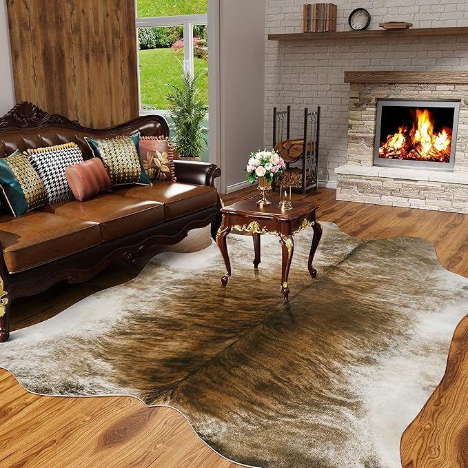 AROGAN Western Decor Faux Fur Cowhide Rug, 3.6 x 2.3 Feet Premium Animal Skin Cow Hide Rug, Sturdy Cow Print Rugs for Wall Decor, Western Floor Carpet for Bedroom Living Room, Brownish
