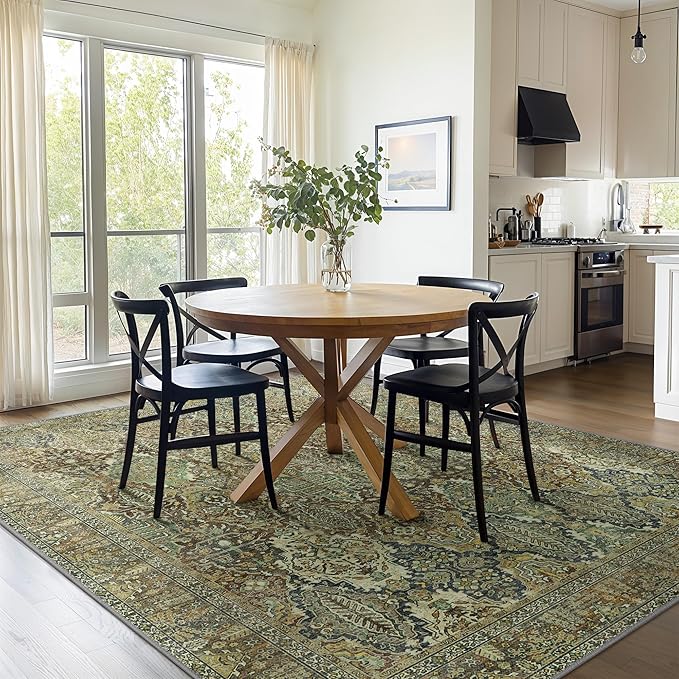 Bavni Area Rug 6X9, Oriental Vintage 6X9 Area Rugs, Large Rugs for Living Room, Non Slip Boho Carpet for Bedroom Dorm, Low Pile Aesthetic Washable Rug for Dining Room Office, Sage Green