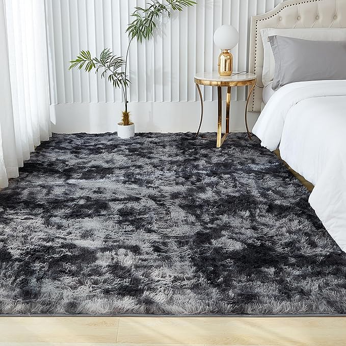 Andency 8x10 Area Rugs for Living Room, Upgrade Non-Slip Fluffy Soft Large Shag Bedroom Carpet, Tie-Dyed Dark Grey Big Indoor Thick Nursery Rug for Kids Dorm Home Decor Aesthetic