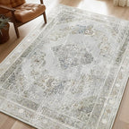 Phantoscope Washable Area Rug 4'x6' Non-Slip, Vintage Neutral Rugs for Living Room, Bedroom, Dining Room, Distressed Boho Medallion Pattern, Low-Pile Foldable Floor Carpet, Silver Grey/Taupe