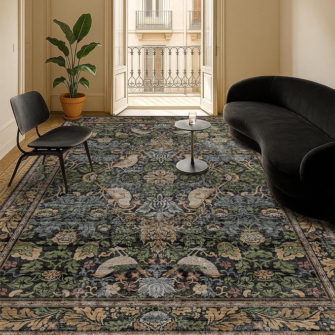 Botanical Brown Rug for Living Room - Washable 10x12 Area Rug for Dining Room Under Table, Extra Large Bedroom - Boho Bird Farmhouse Decor, Soft Low PileNon-Slip & Stain Resistance