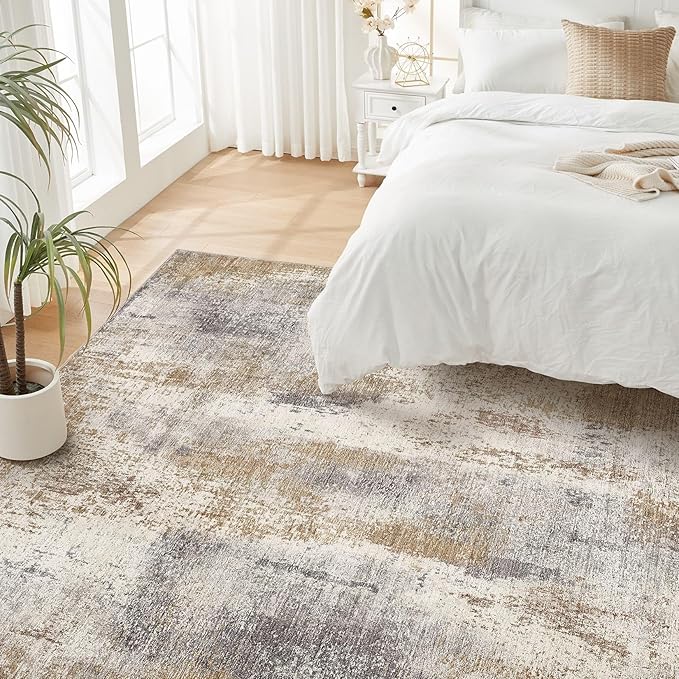 Area Rug Living Room Rugs - 8x10 Washable Large Soft Indoor Neutral Modern Abstract Low Pile Rug Carpet for Bedroom Dining Room Farmhouse Home Office - Brown Grey