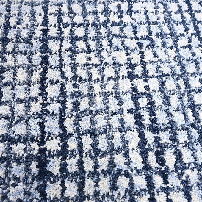 Hand-Tufted 100% Wool Pile Area Rug – Geometric Textured Grid Check Pattern – Thick and Durable Floor Carpet for Bedroom, Living Room, Kids Room, and Dining Area (Navy Blue, 10' x 12')